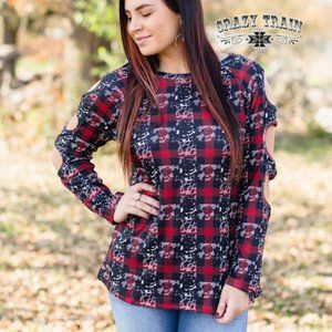 Crazy Train Cowboy Plaid Cutout Shirt NWT
